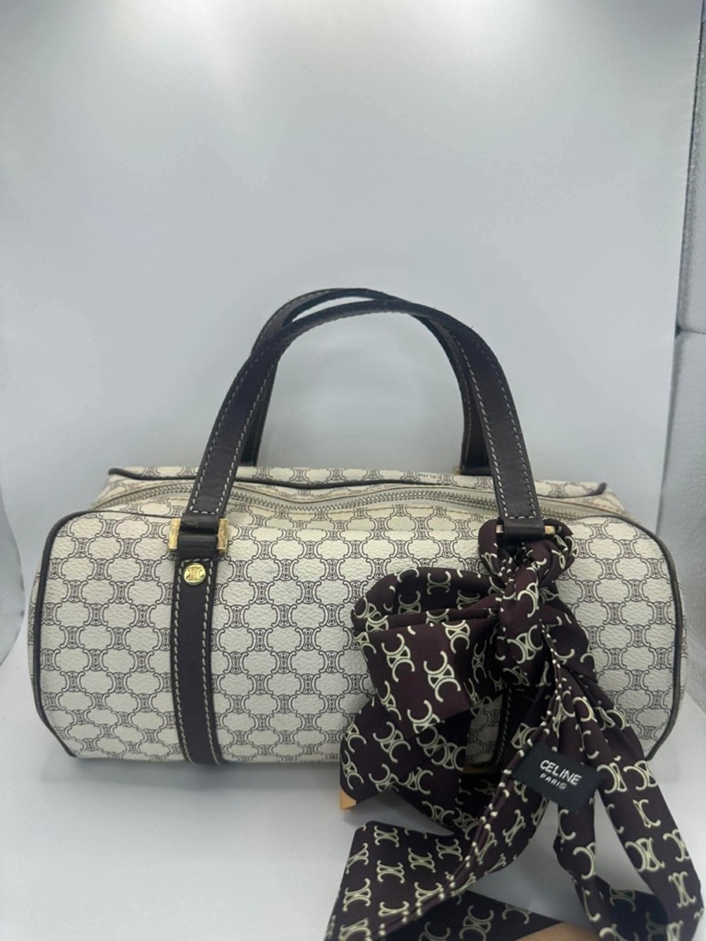 Celine Cream and Brown Monogram Top Handle Bag with Branded Scarf - Picture 4 of 13